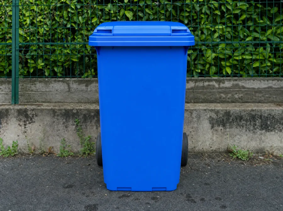 Poubelle bleue propre près d'une clôture